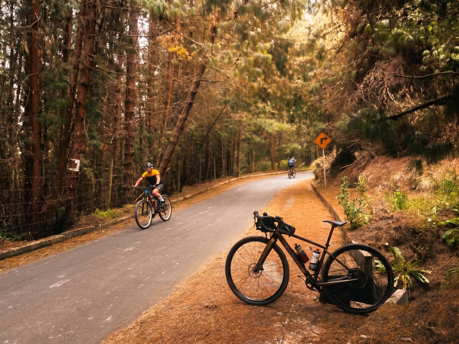 Ciclistas en una vía de montaña entre pinos, con una bicicleta gravel apoyada al borde